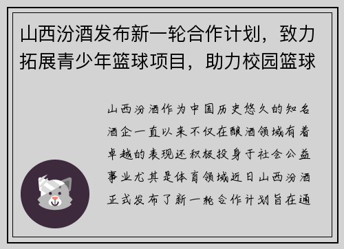 山西汾酒发布新一轮合作计划，致力拓展青少年篮球项目，助力校园篮球发展